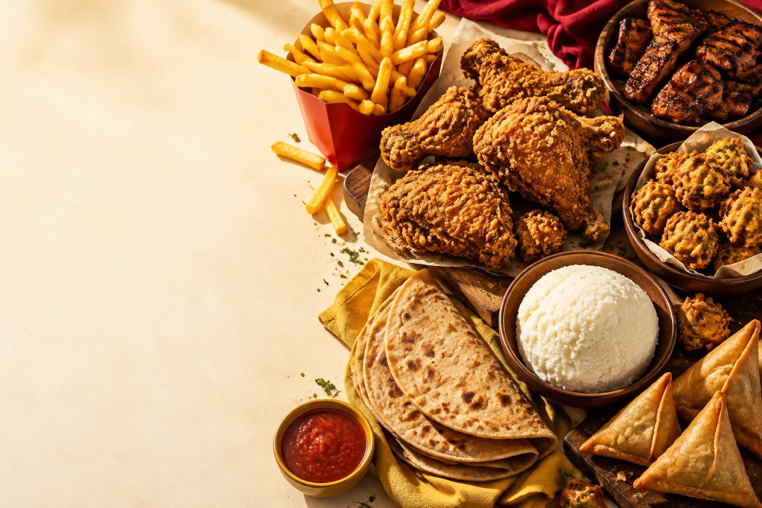 A spread of fries, chicken, pork, bhajia, chapati and ugali